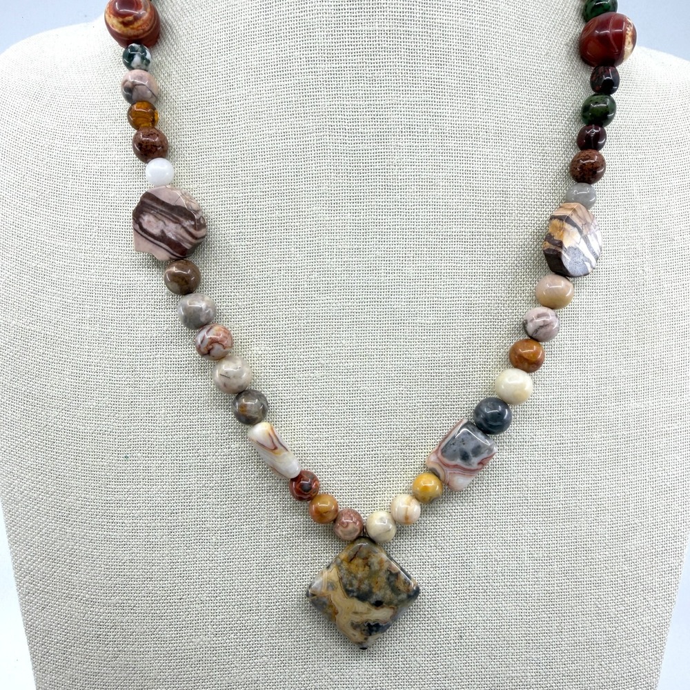Mixed Jasper Agate Stone Beaded Necklace Large Diamond Pendant Magnetic Clasp